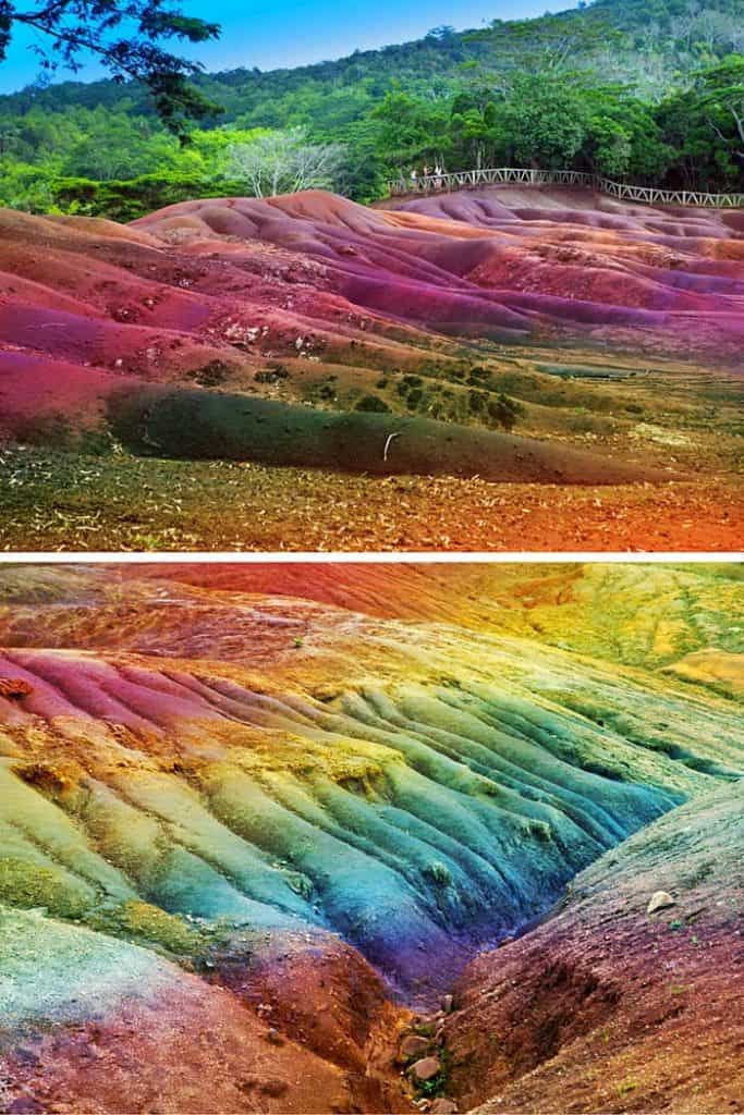 Seven Colored Earth of Chamarel, Mauritius in the Indian Ocean off the coast of Africa. This was caused when volcanic rock colled at different temps. Seven Colored Earth of Chamarel, Mauritius in the Indian Ocean off the coast of Africa. 