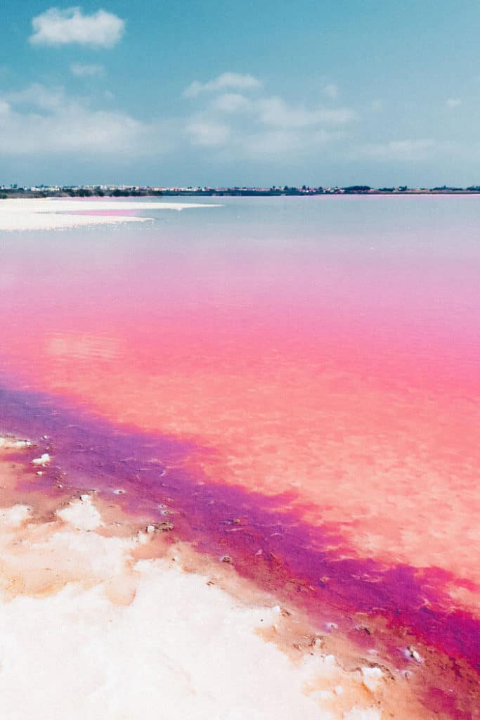 Laguna Salada de Torrevieja Spain! The water is pink due to a special type of algae. 20 UNREAL Travel Destinations you have to see!! Click through to read the full post!