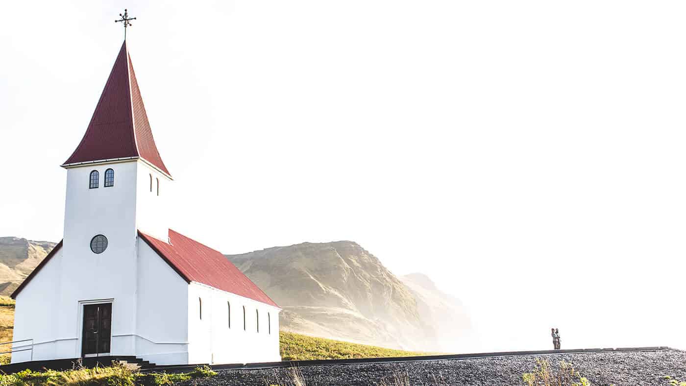 Vik i Mydral church on a hill in Vik Iceland.