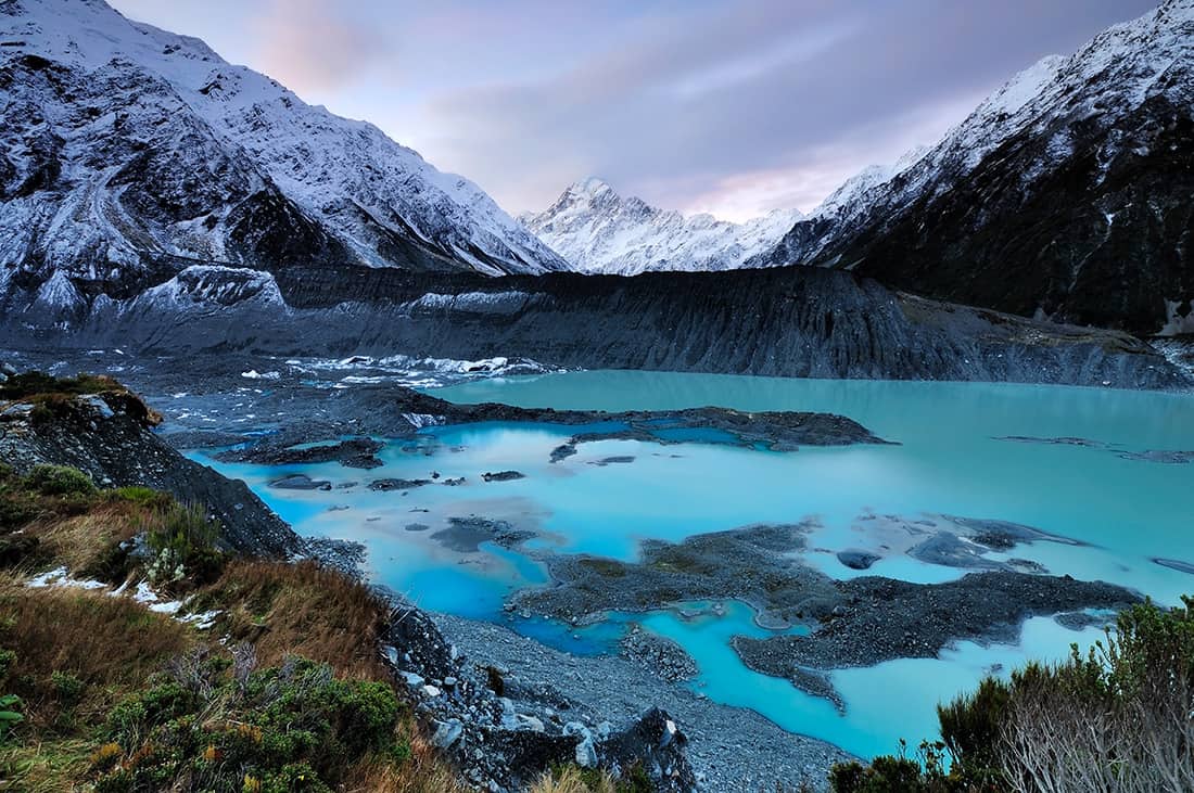 Sunset and dusk over mt. Cook in South Island, New Zealand. Its a famous scenic destination.