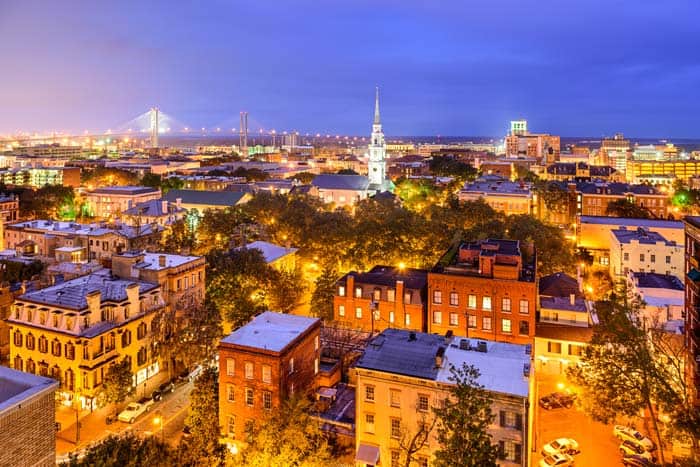 Aerial view of Savannah Georgia at night