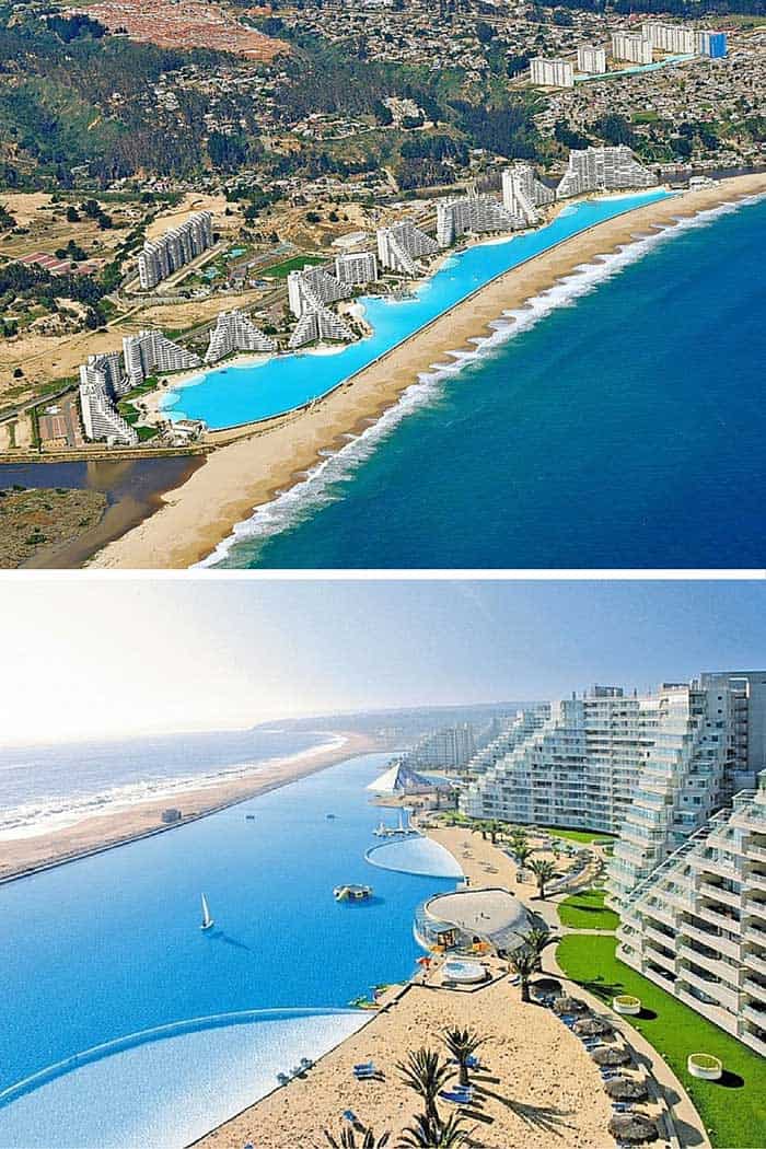 San Alfonso del Mar – Algarrobo, Chile! The pool at the San Alfonso del Mar is about 1 hour outside of Santiago, Chile, and is the biggest pool in the world! This pool is literally 1 kilometer long and holds 66 million gallons of water. This pool is so large that it supposedly costs $4 million a year to keep it up.