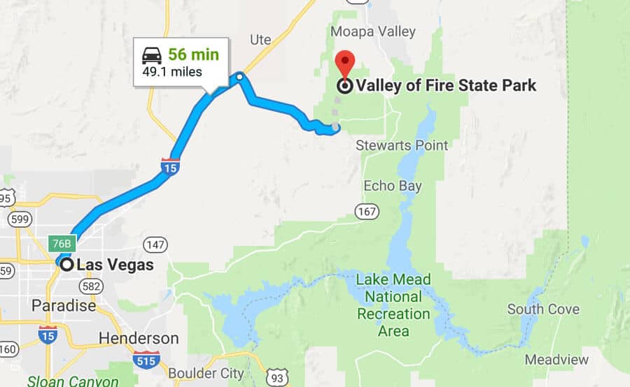 Las vegas to valley of fire drive map