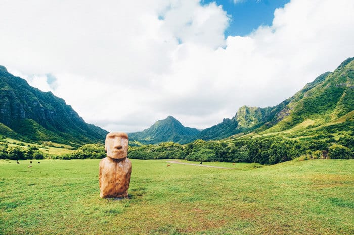 Easter Island head on Kualoa Ranch Oahu. 