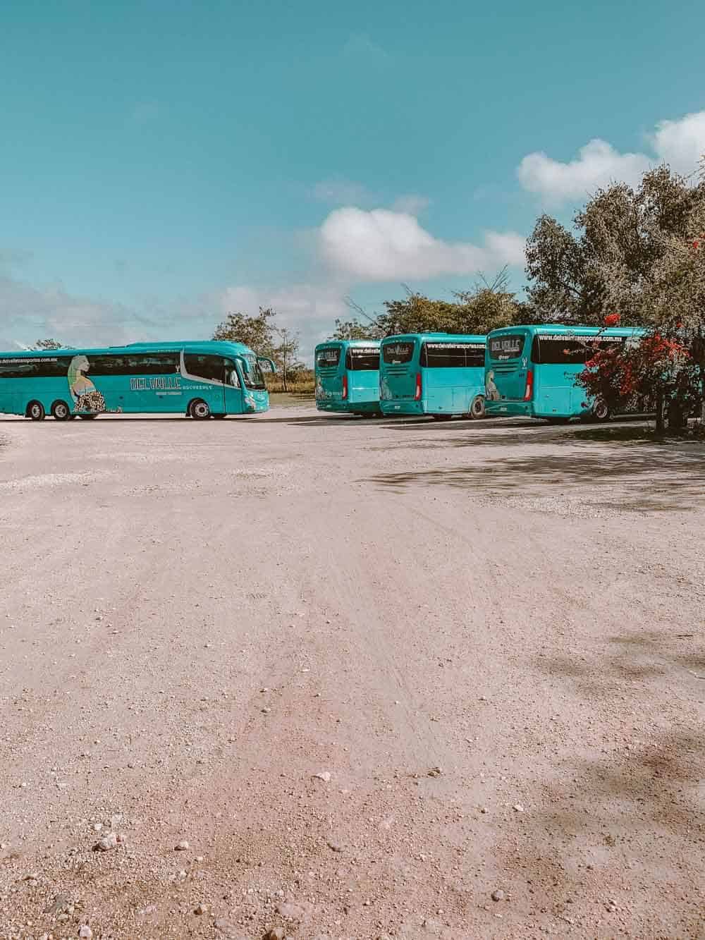 Tour buses at Cenote Suytun