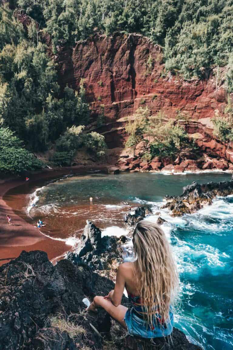 View of the red sand beach in Maui, Hawaii
