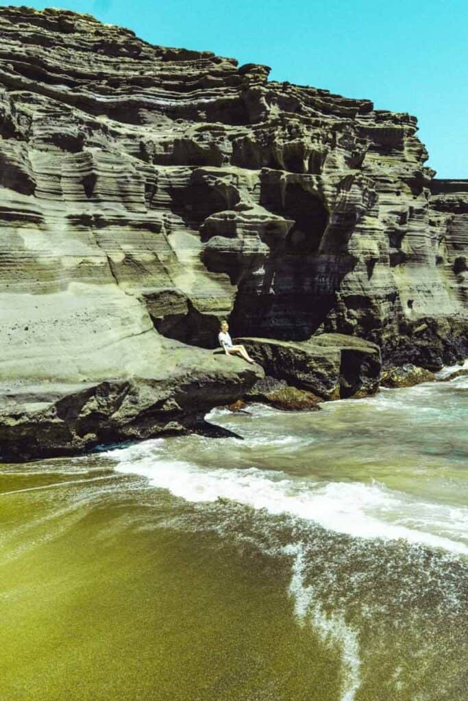 Papakolea Green Sand Beach: Best Big Island Beach! Green Sand Beach Is One of the Rarest Kona Beaches on Big Island Hawaii. Check out everything you need to know about this incredible beach in Hawaii Big Island on www.avenlylanetravel.com #hawaii #bigisland #hawaiibeaches #beaches #beautifulplaces #islands #AVENLYLANEHAWAII #AVENLYLANETRAVEL #AVENLYLANE