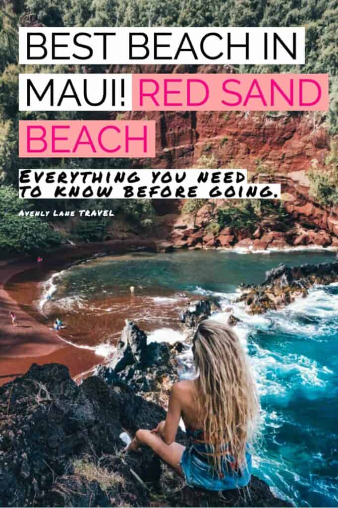 Red Sand Beach or Kaihalulu Beach in Hawaiian - is one of the best beaches Maui offers. Maui beaches all seem to be amazing, but this red beach is a perfect piece of tucked away beachfront paradise. It may be just a stone’s throw from Hana. #roadtohana #maui #mauibeaches #redsandbeach #hawaii #hawaiianislands #travelinspiration #beautifulplaces