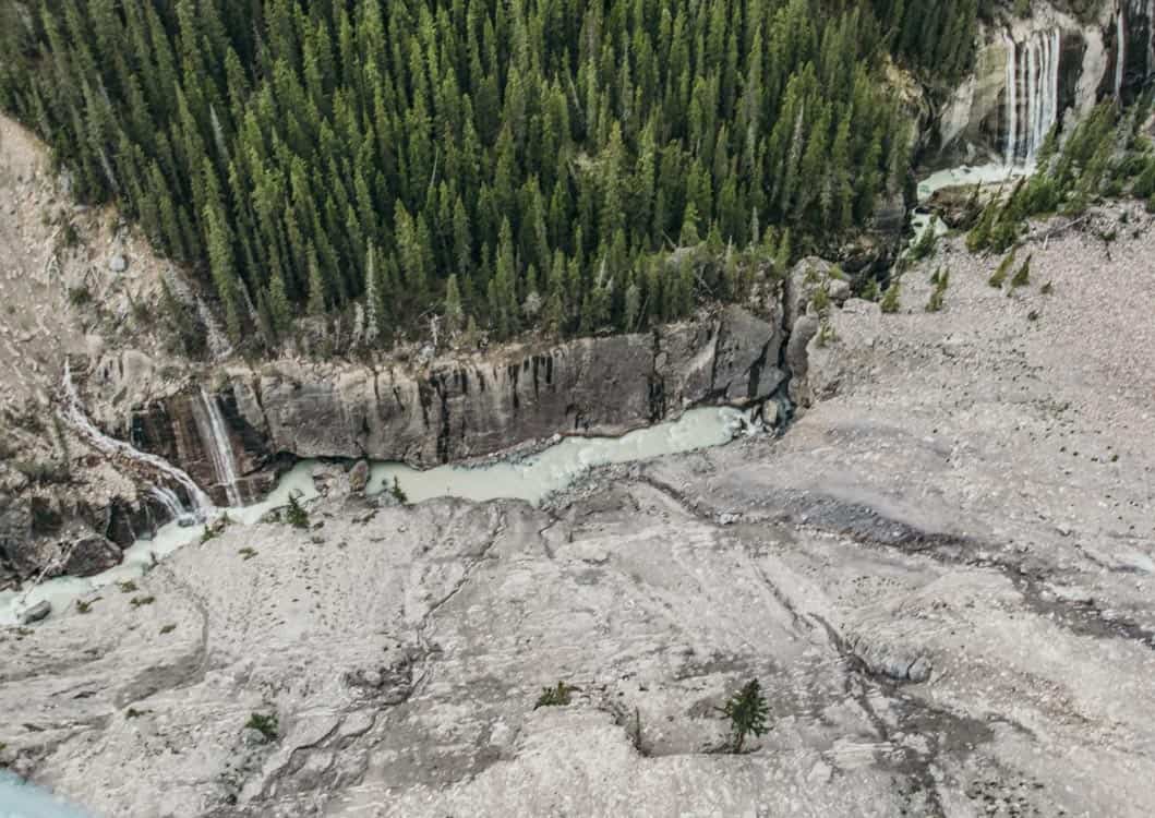 The ravine below as viewed from the Glacier Skywalk in Jasper National Park.