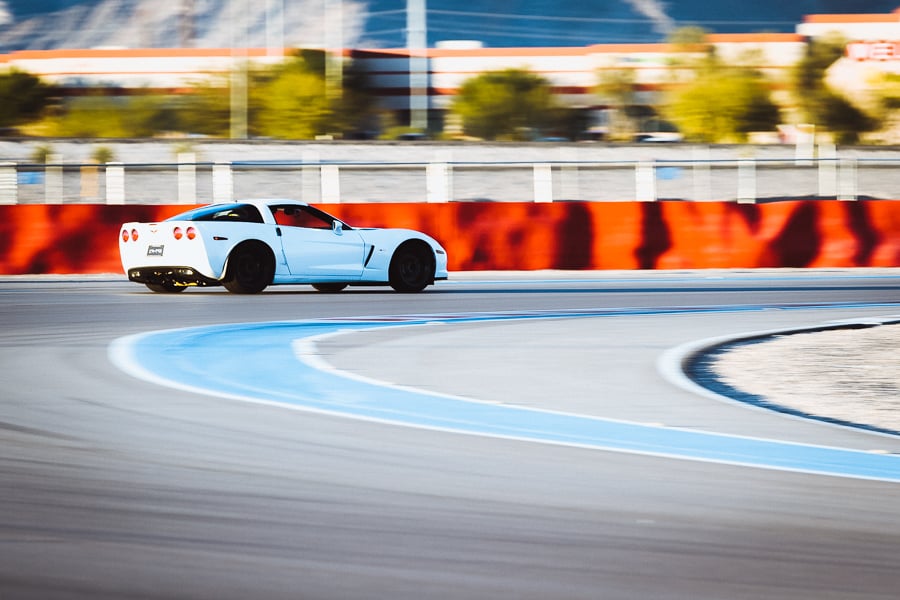 Exotic car racing in a Corvette Z06 at the Las Vegas Motor Speedway.