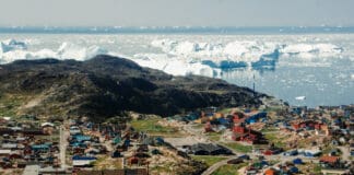 Ilulissat seen from above flight from Kangerlussuaq to Ilulissat Greenland