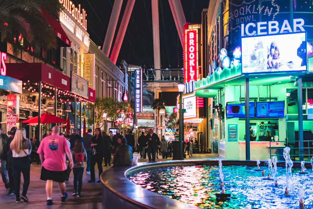 Linq Promenade Shops in Las Vegas at night. 