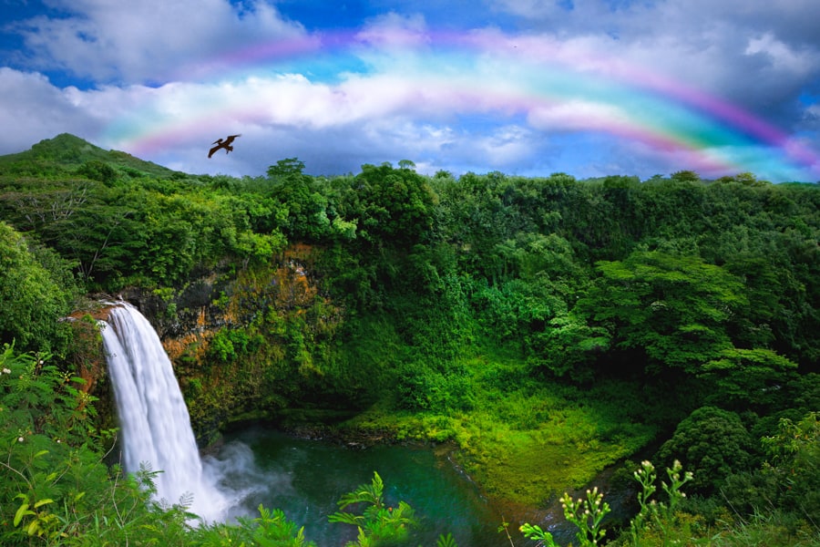 Wailua Falls and rainbow in Kauai
