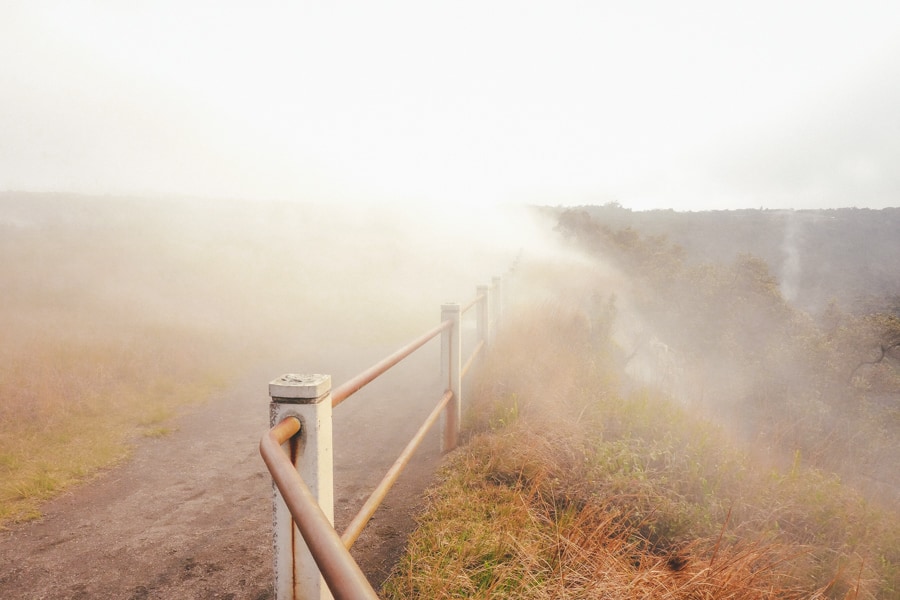 Scenic view of steam gas vents along the trail in Hawaii Volcanoes National Park, Big Island, Hawaii