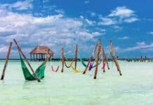 Hammocks in the water at Punta Cocos, Isla Holbox, Mexico