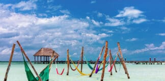 Hammocks in the water at Punta Cocos, Isla Holbox, Mexico