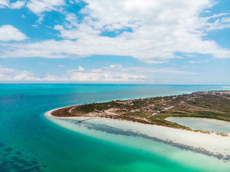 Aerial view of Punta Cocos on the island of Isla Holbox, Mexico