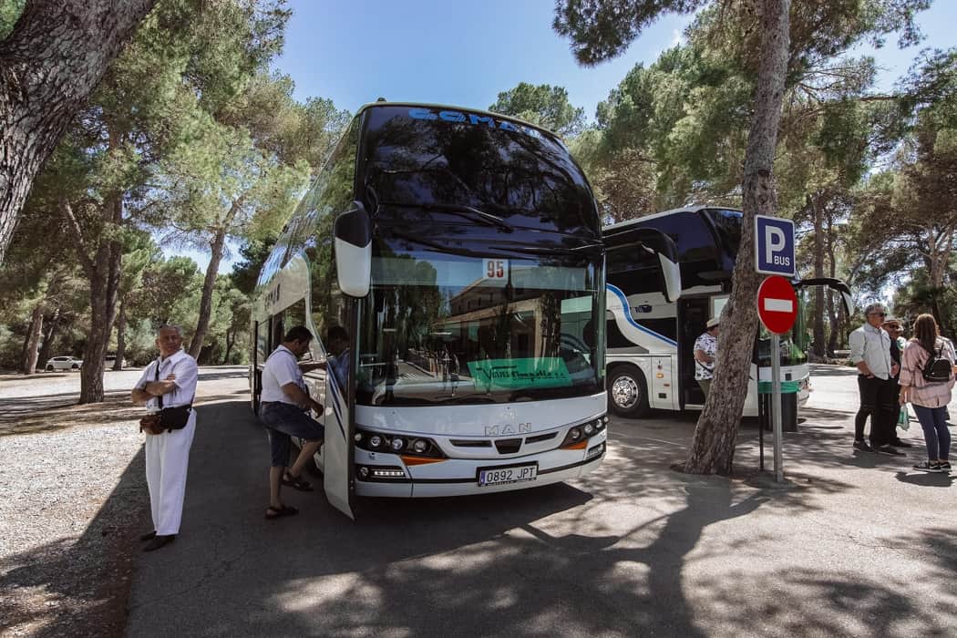 Tour buses at Cuevas del Drach Mallorca Spain