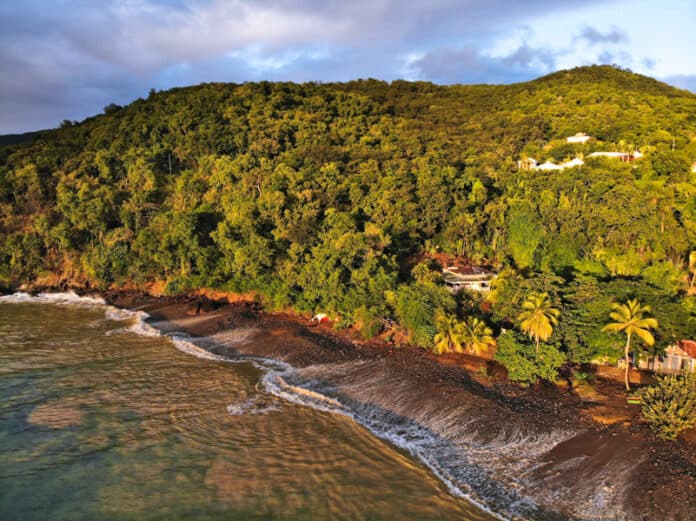 Plage Caraibe black sand beach in Pointe Noire.