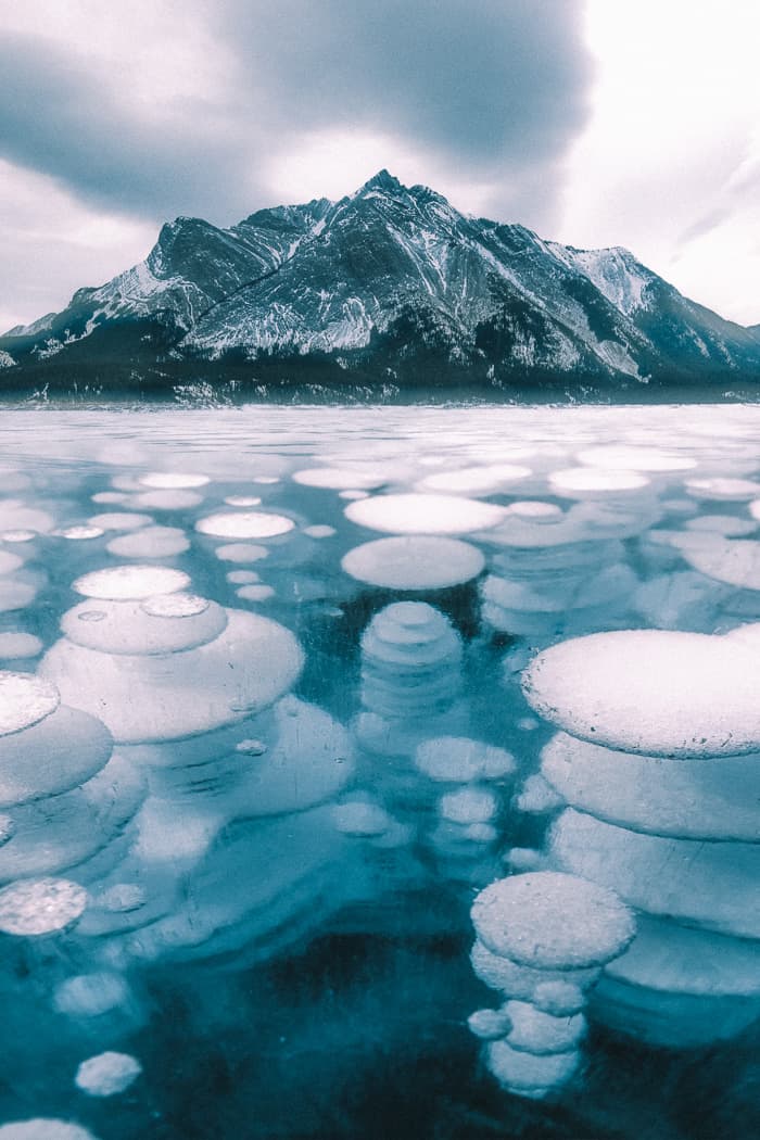 Abraham lake ice bubbles in Alberta Canada