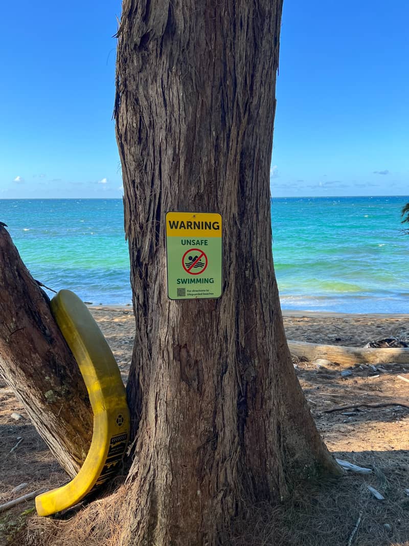 Warning sign not to swim at Wainiha Beach Park in Kauai Hawaii