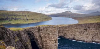 View of Lake Sørvágsvatn appearing to sit above the ocean cliffs at Trælanípa during the Lake Sørvágsvatn hike in the Faroe Islands.