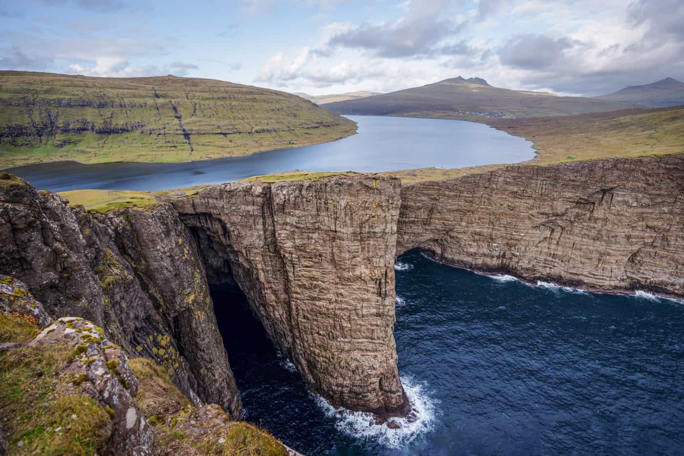 View of Lake Sørvágsvatn appearing to sit above the ocean cliffs at Trælanípa during the Lake Sørvágsvatn hike in the Faroe Islands.