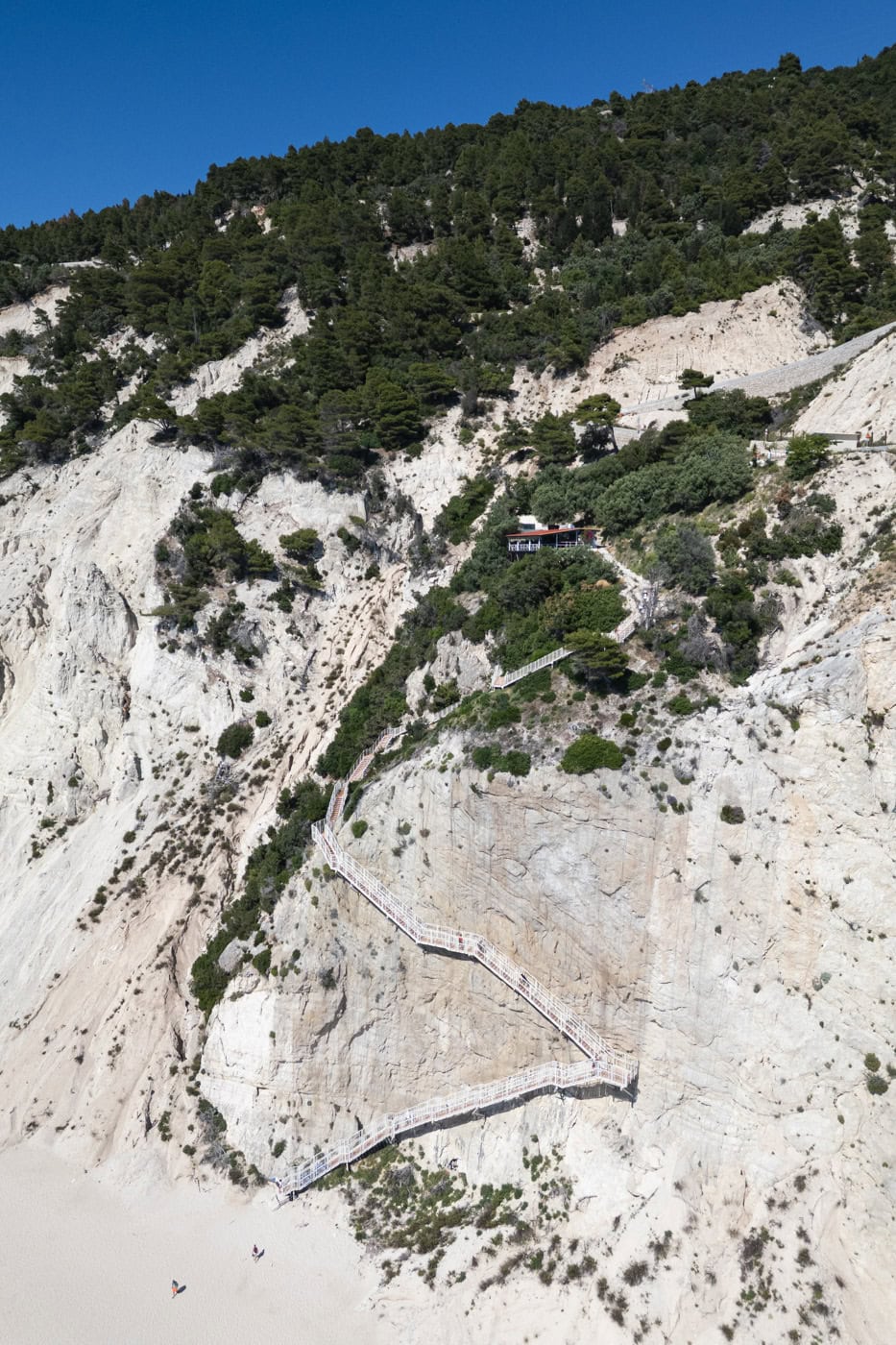 Stairs going down the side of a cliff at Egremni Beach in Lefkada, Greece