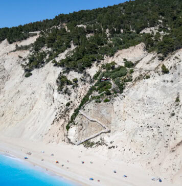 Egremni Beach staircase and massive cliff in Lefkada Greece