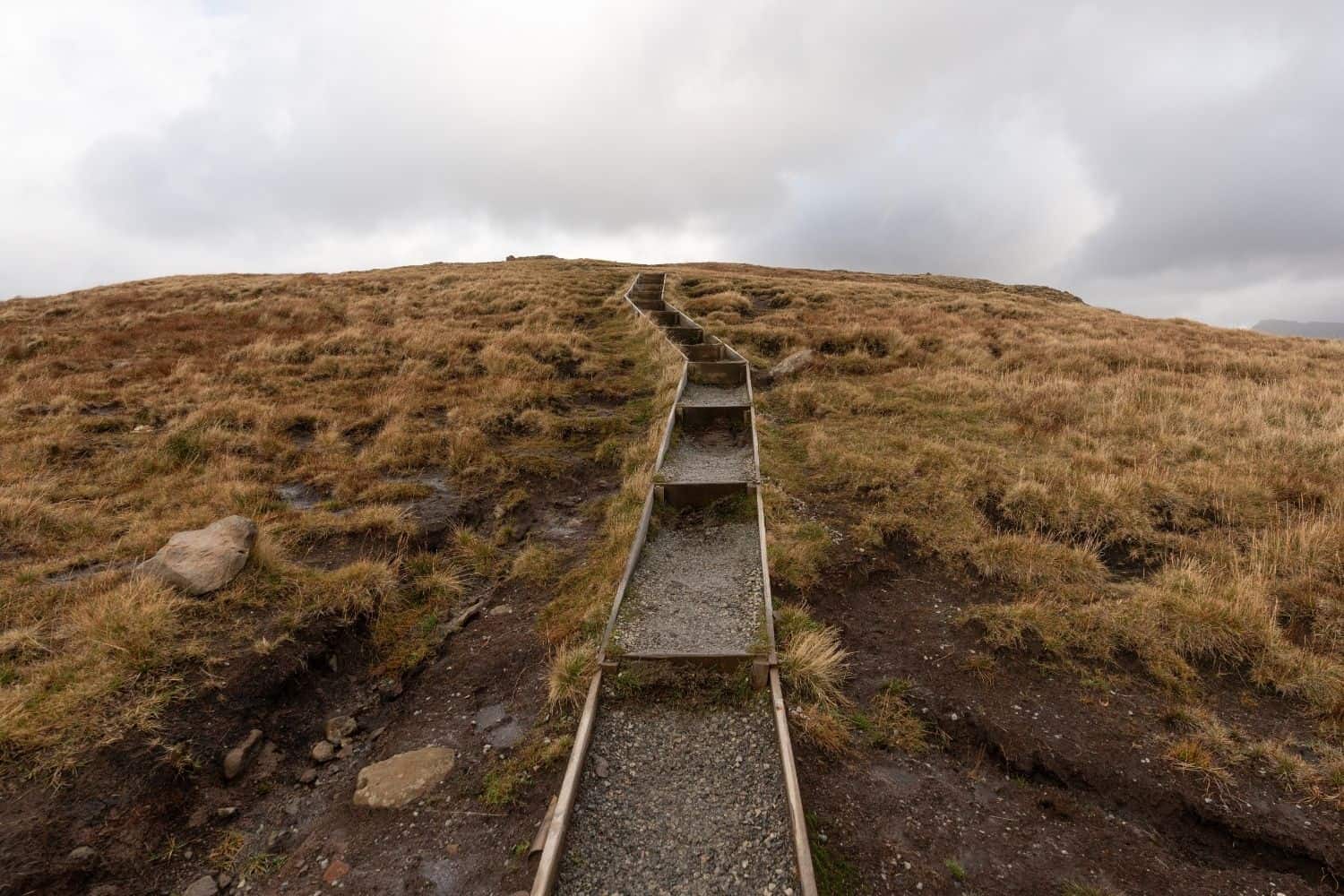 Wooden and gravel steps climbing uphill on the Klakkur hike in the Faroe Islands.