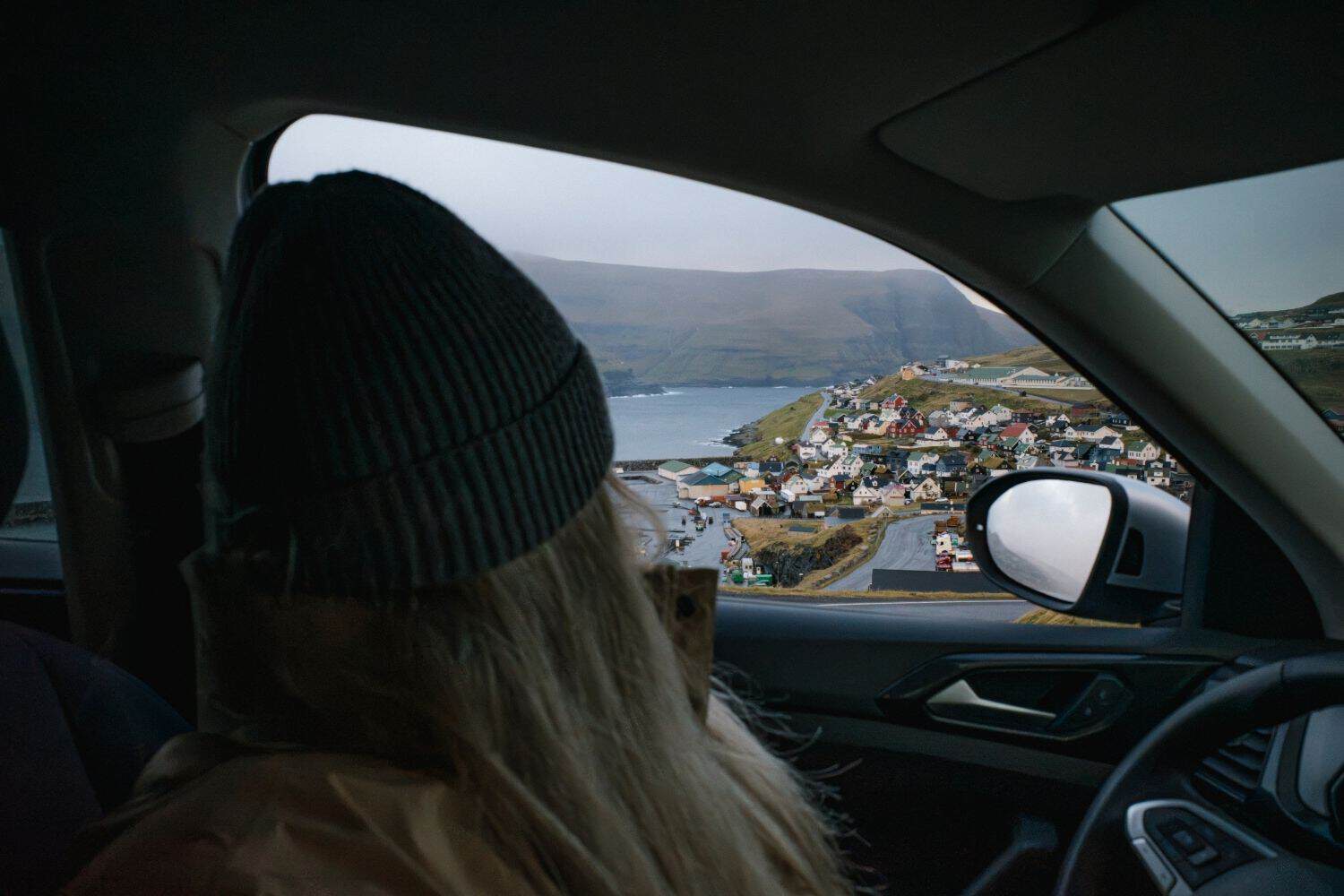 Looking out at Eiði village from our rental car in the Faroe Islands