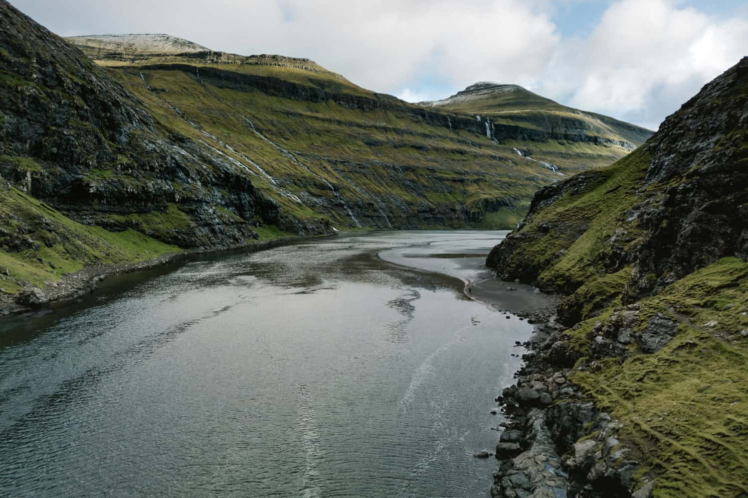 Saksun Lagoon surrounded by steep green mountains along the Ut á Lónna walk in the Faroe Islands